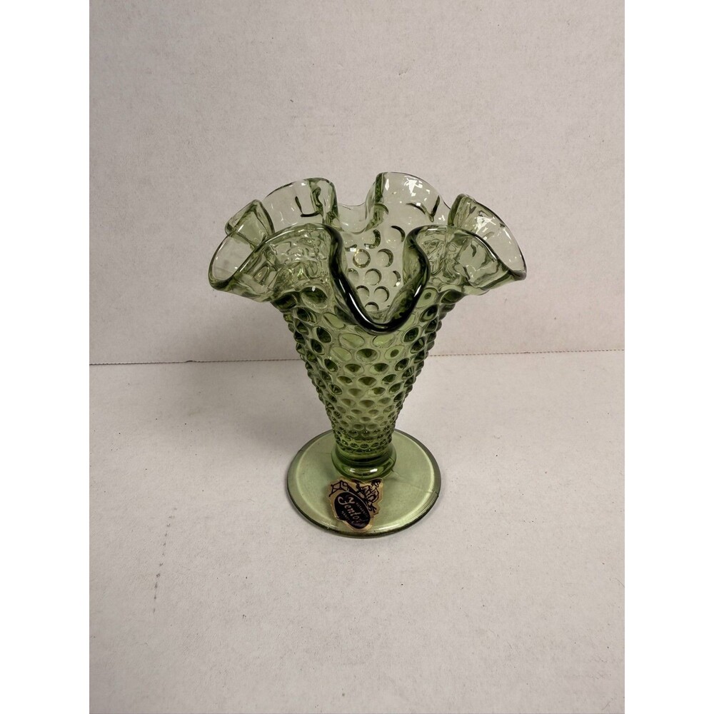 Fenton Art Glass Green Hobnail Vase Height 4" Ruffled Rim